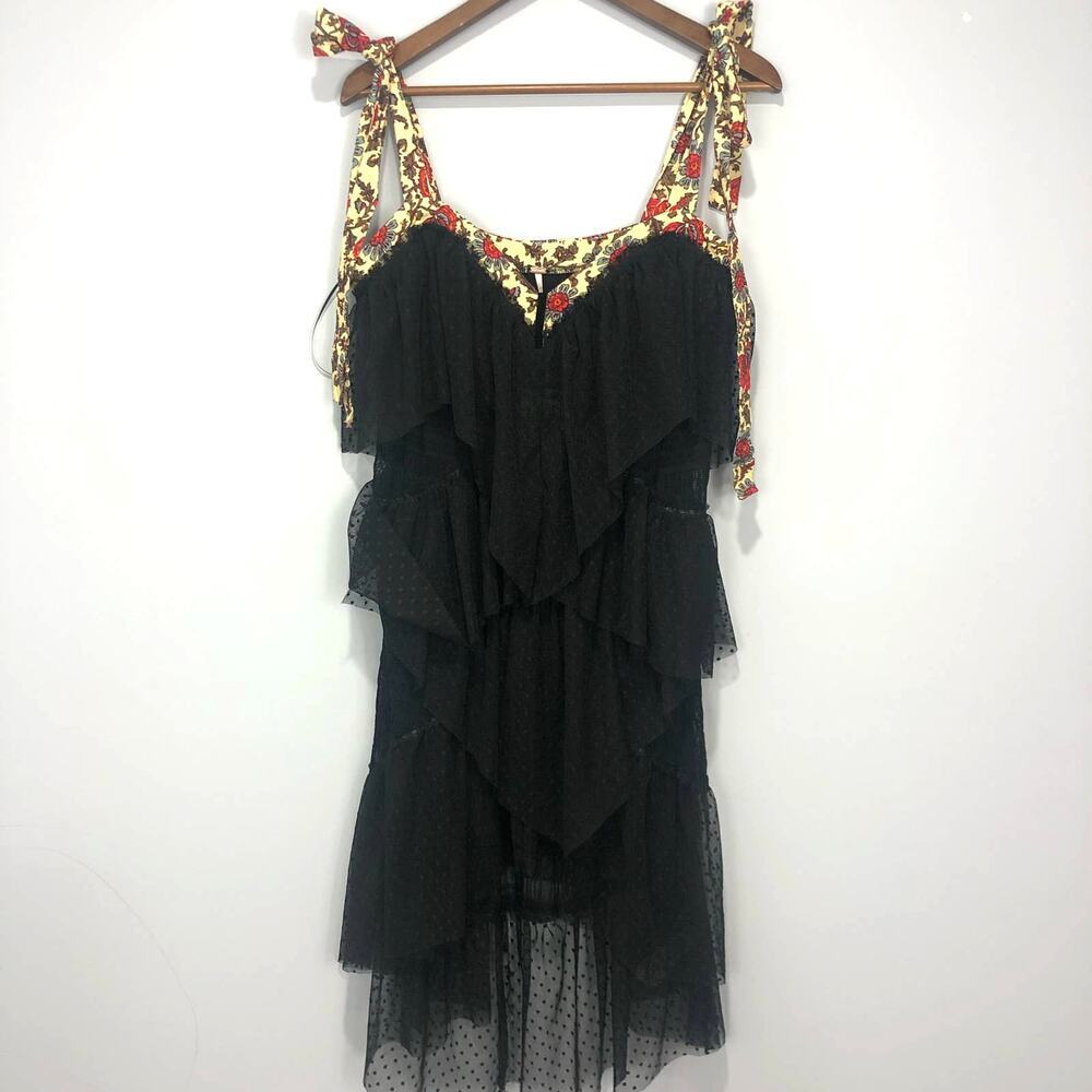Free People Lace Layered Black Sheer Ruffle Dress Size L